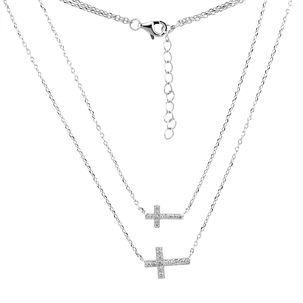 Sterling Silver Micro Pave Cubic Zirconia Two-Strand CROSS Necklace, 5/16 inch wide