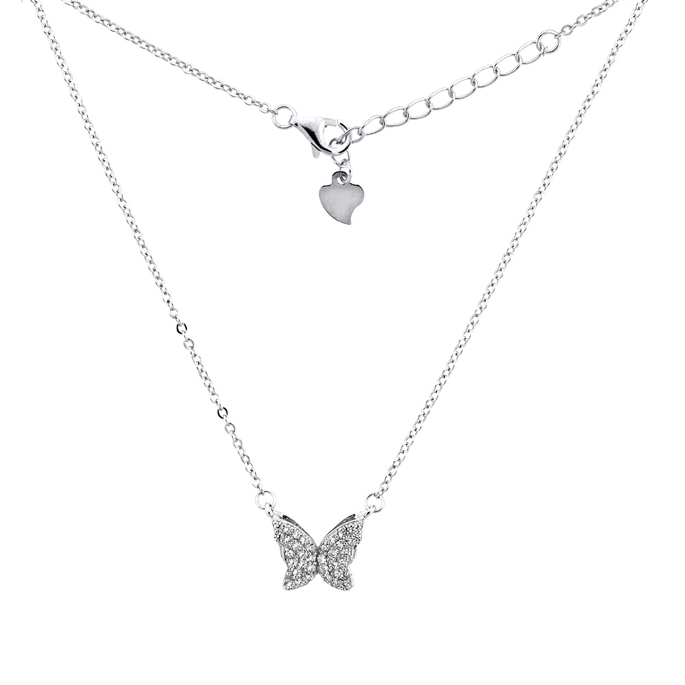 Sterling Silver Micro Pave Cubic Zirconia BUTTERFLY Necklace, 5/16 inch wide
