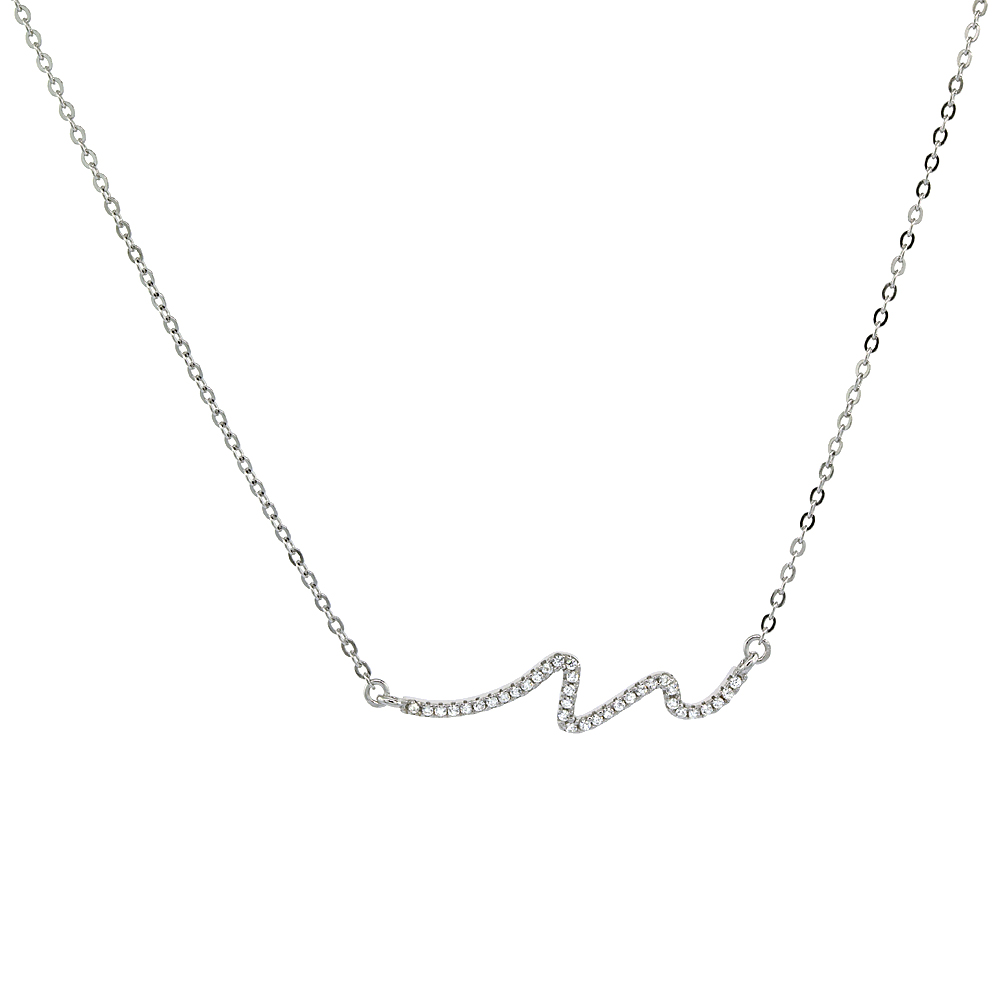 Sterling Silver Micro Pave Cubic Zirconia WAVE Necklace, 5/16 inch wide