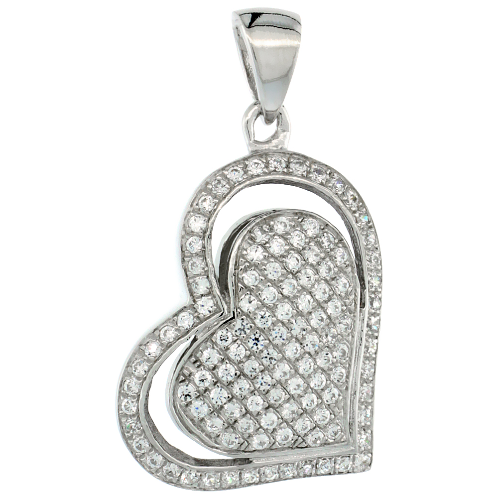 Sterling Silver Micro Pave Cubic Zirconia Double Heart Pendant White Stones