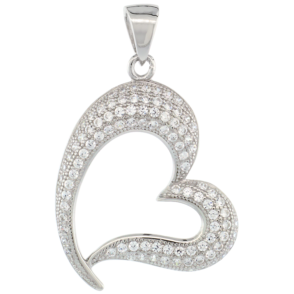 Sterling Silver Micro Pave Cubic Zirconia Open Dangling Heart Pendant White Stones