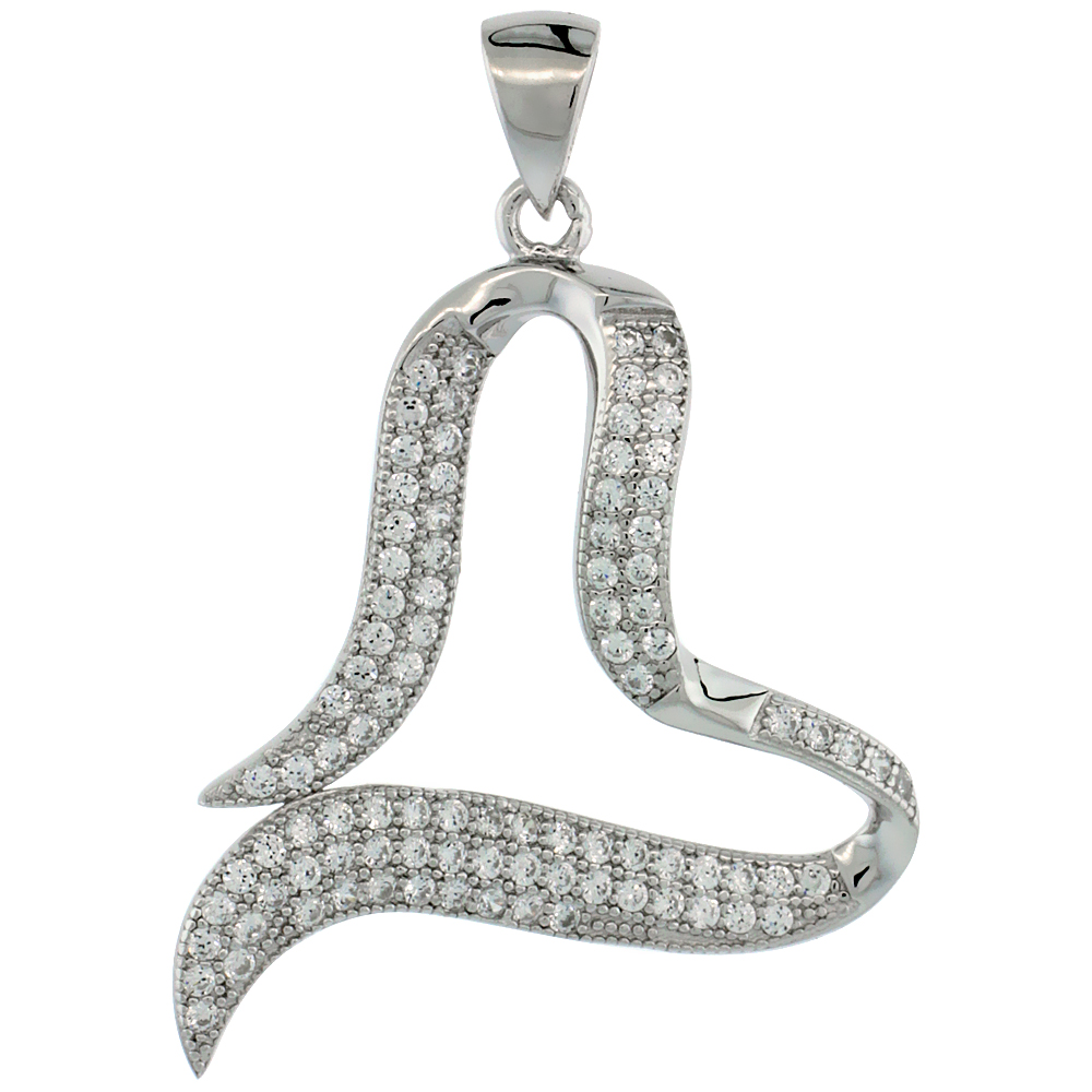 Sterling Silver Micro Pave Cubic Zirconia Floating Ribbon Open Heart Shape Pendant White Stones