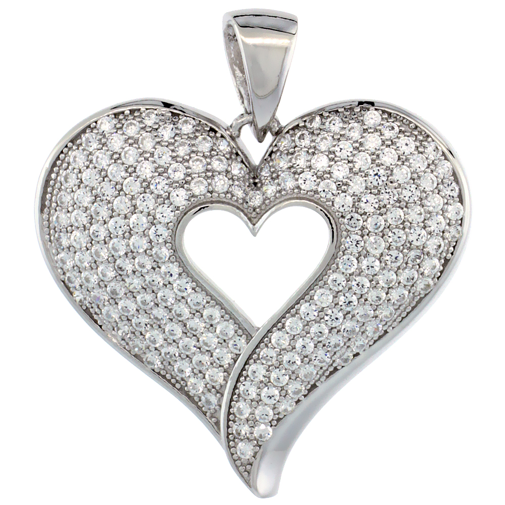 Sterling Silver Micro Pave Cubic Zirconia Open Heart Pendant White Stones