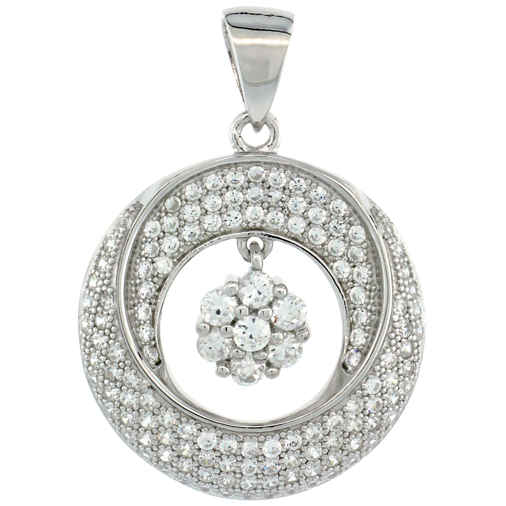 Sterling Silver Micro Pave Cubic Zirconia Double Half Moon Centered Dangling Flower Pendant White Stones