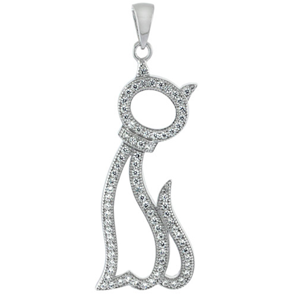 Sterling Silver Poised Cat Micro Pave CZ Pendant, 1 5/16 inch long