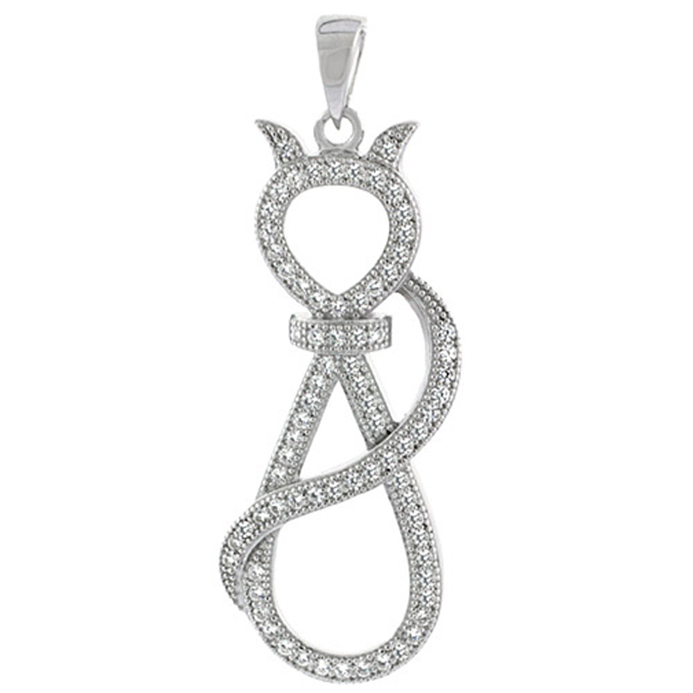 Sterling Silver Cat w/ Long Tail Outline Micro Pave CZ Pendant, 1 7/16 inch long
