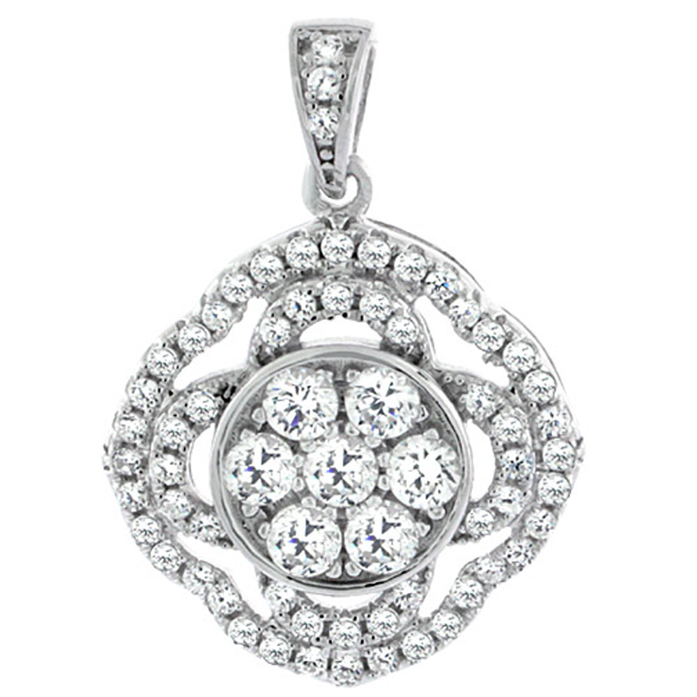 Sterling Silver Floral Micro Pave CZ Pendant, 7/8 inch long