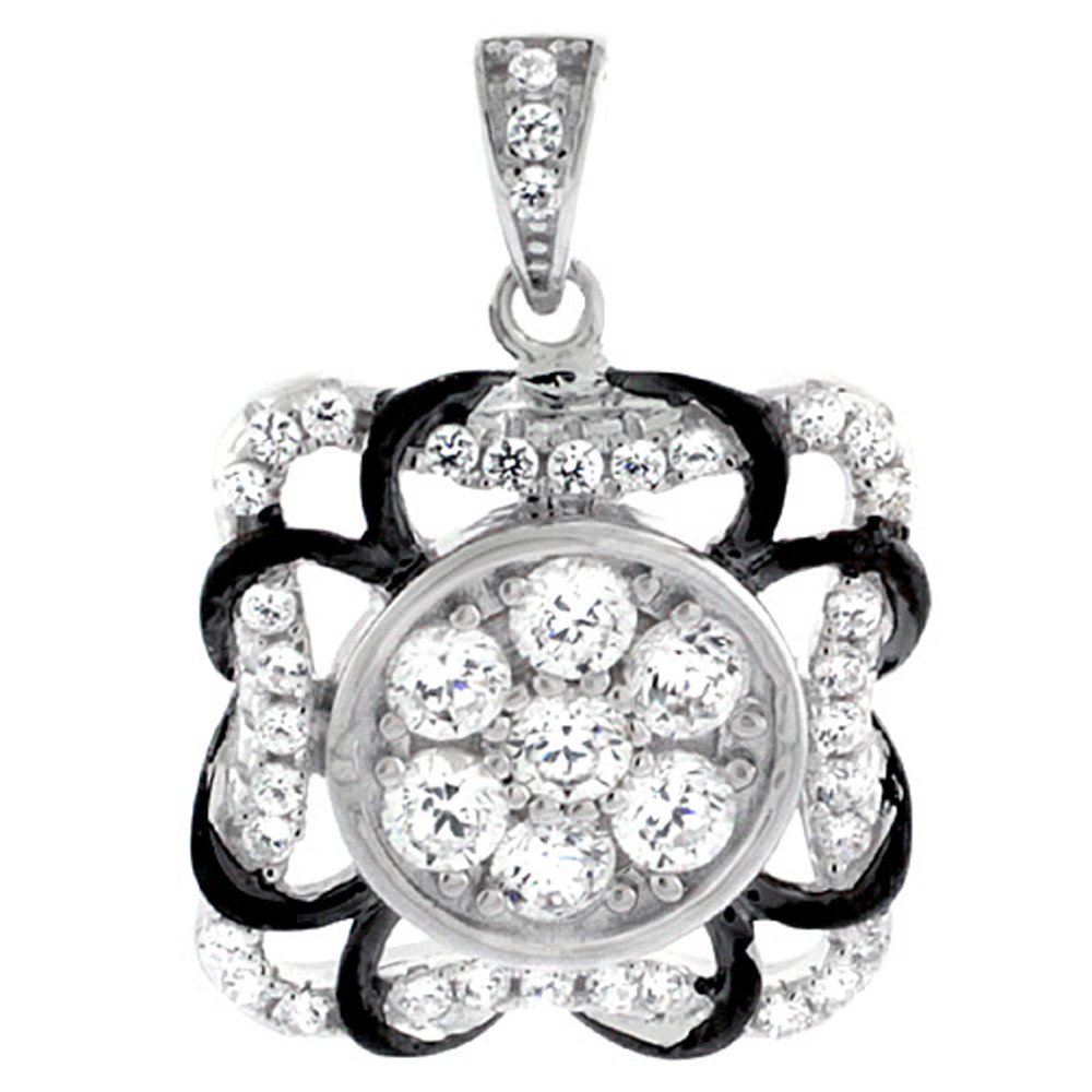 Sterling Silver Floral Micro Pave CZ Pendant Black Outline 13/16 inch long