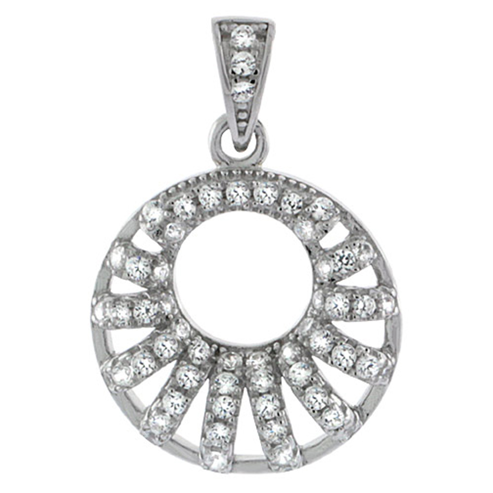 Sterling Silver Circle Micro Pave CZ Pendant Vertical Stripes, 13/16 inch in diameter