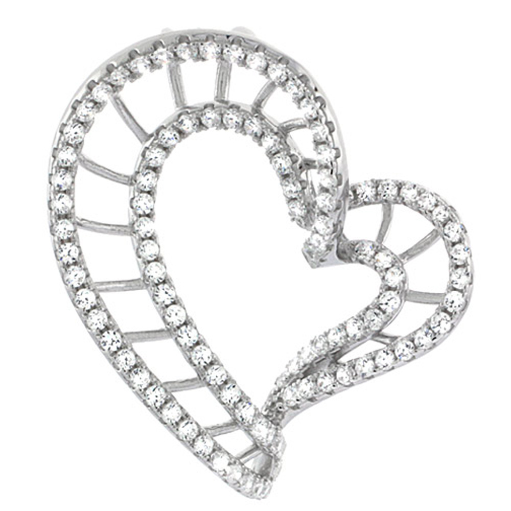 Sterling Silver Heart Tilted Micro Pave CZ Pendant Ribbed, 1 1/4 inch long