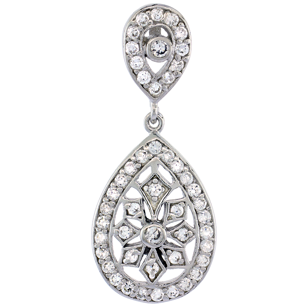 Sterling Silver Pear Shape Decorative Dangling Micro Pave CZ Pendant, 1 1/4 inch long