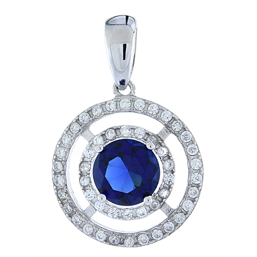 Sterling Silver Micro Pave CZ Pendant with Round Blue Sapphire, 9/16 inch in diameter