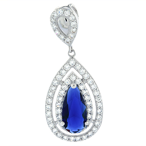 Sterling Silver Micro Pave CZ Pendant Pear Shape with Blue Sapphire, 27/32 inch long