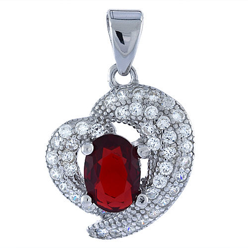 Sterling Silver Micro Pave CZ Heart Pendant with Garnet, 9/16 inch long