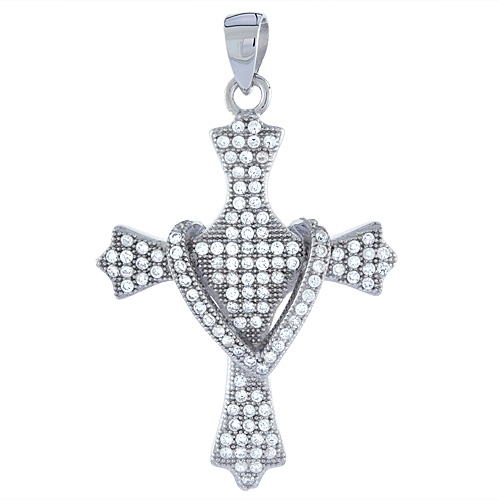 Sterling Silver Micro Pave CZ Shrouded Cross Pendant, 1 3/16 inch long
