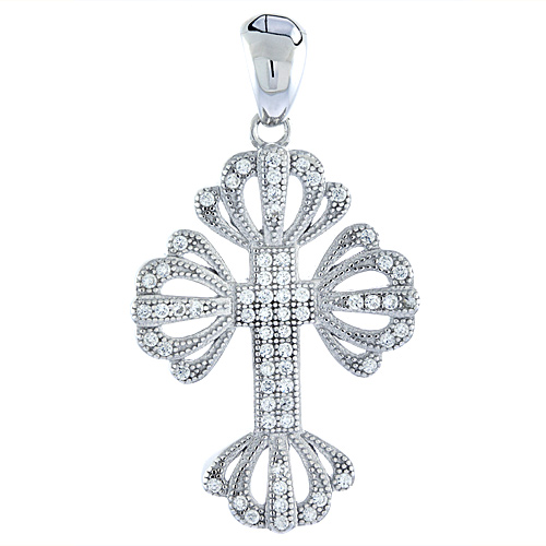 Sterling Silver Micro Pave CZ Cross with Crowns Pendant, 1 inch long