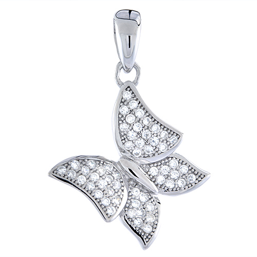 Sterling Silver Micro Pave CZ Slanted Butterfly Pendant, 11/16 inch long