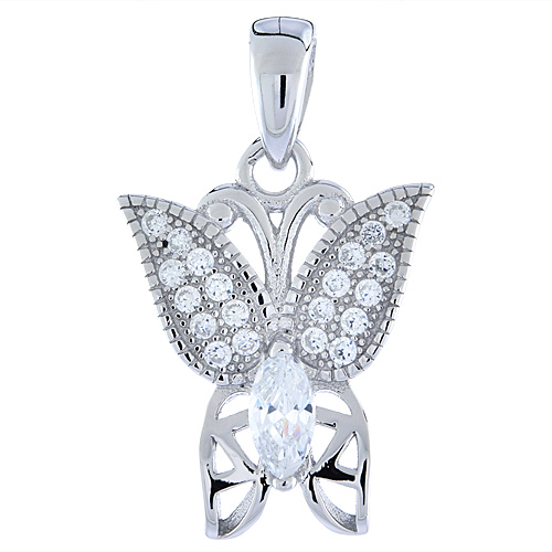 Sterling Silver Micro Pave CZ Butterfly Pendant, 5/8 inch long
