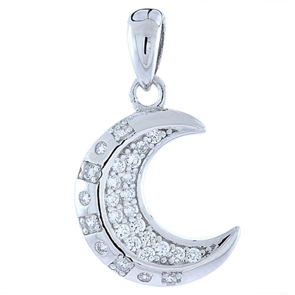 Sterling Silver Micro Pave CZ Crescent Moon Pendant, 9/16 inch long