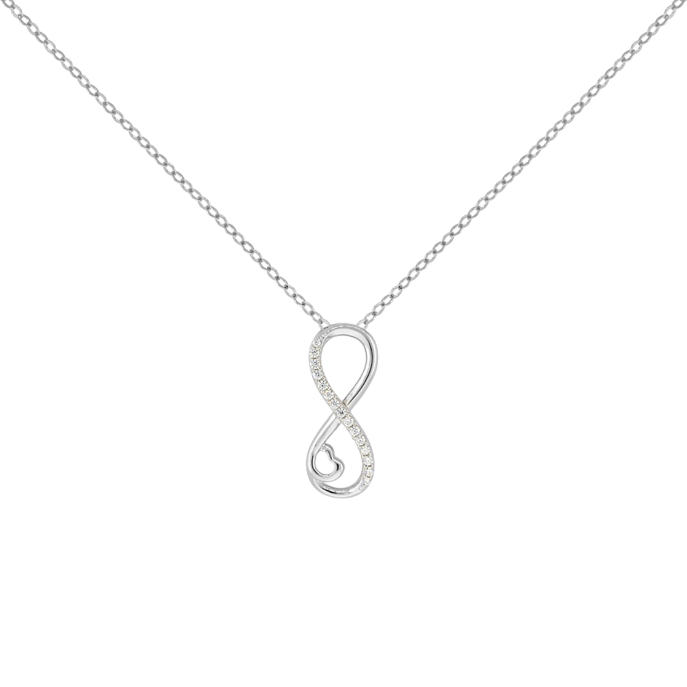Sterling Silver Micro Pave Cubic Zirconia Infinity &amp; Heart Necklace, 18 inches long + 1 in extension