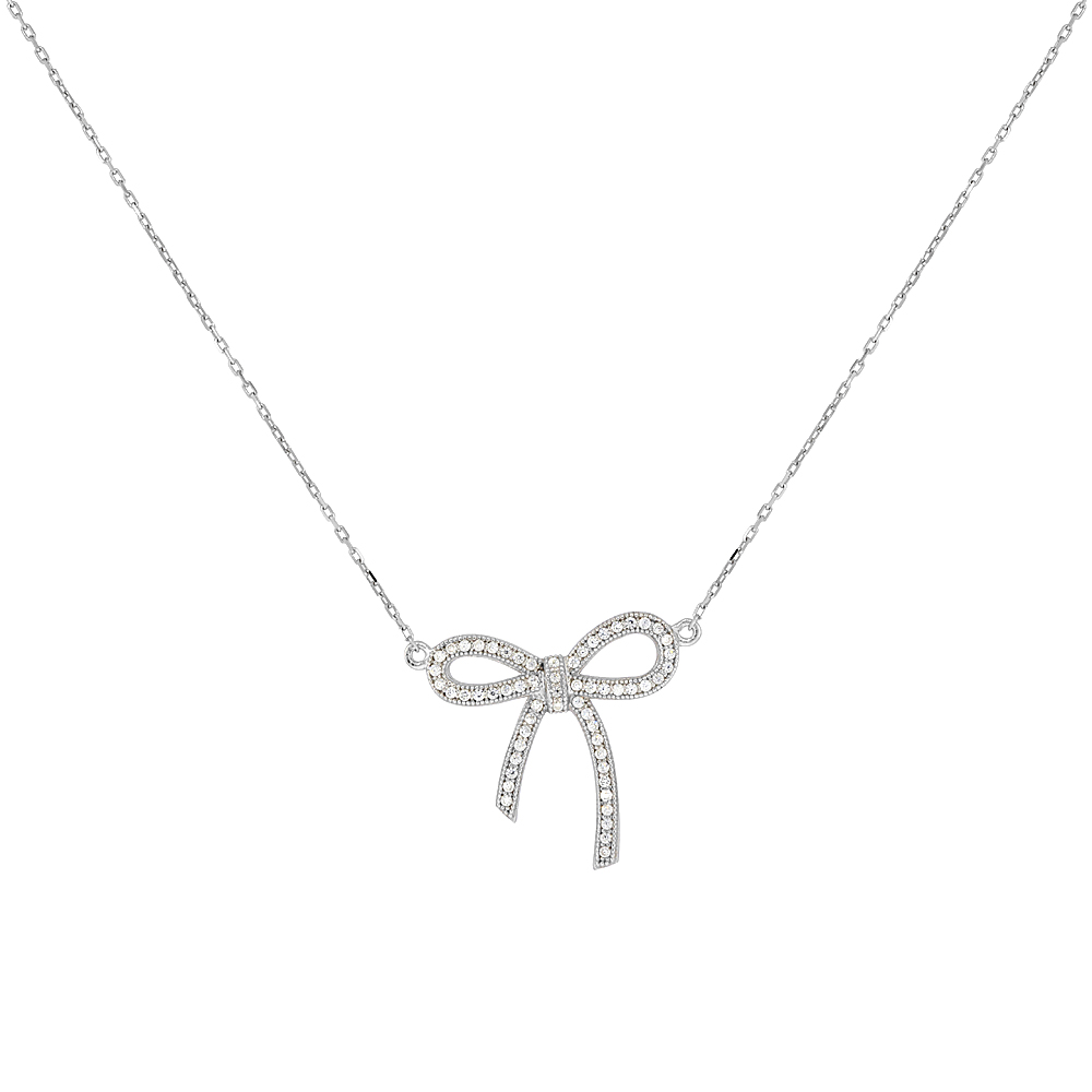 Sterling Silver Micro Pave Cubic Zirconia Ribbon Necklace, 18 inches long + 1 in extension
