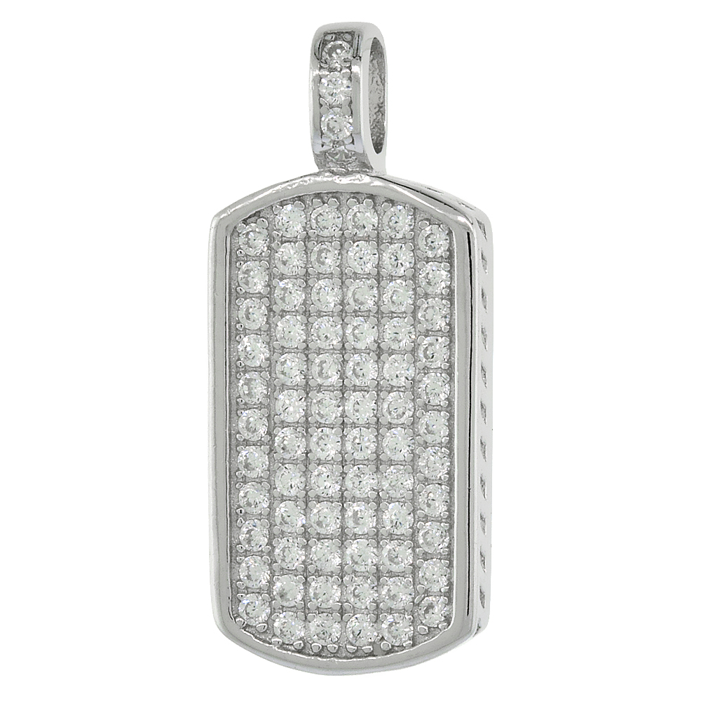 Dinty Sterling Silver Cubic Zirconia Dog Tag Necklace for Women Micro Pave 3/4 inch tall