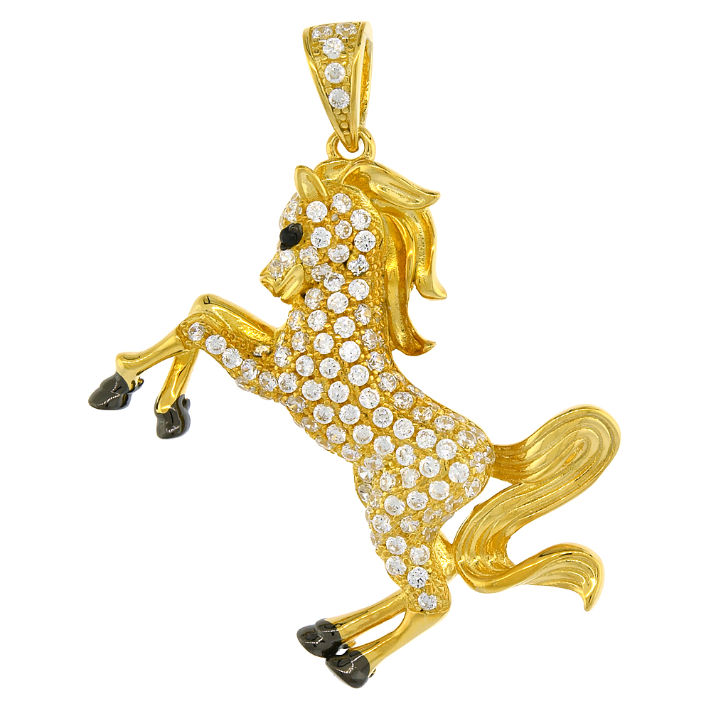 Sterling Silver CZ Prancing Horse Pendant Micro Pave Yellow Gold Plated 1 1/16 inch tall