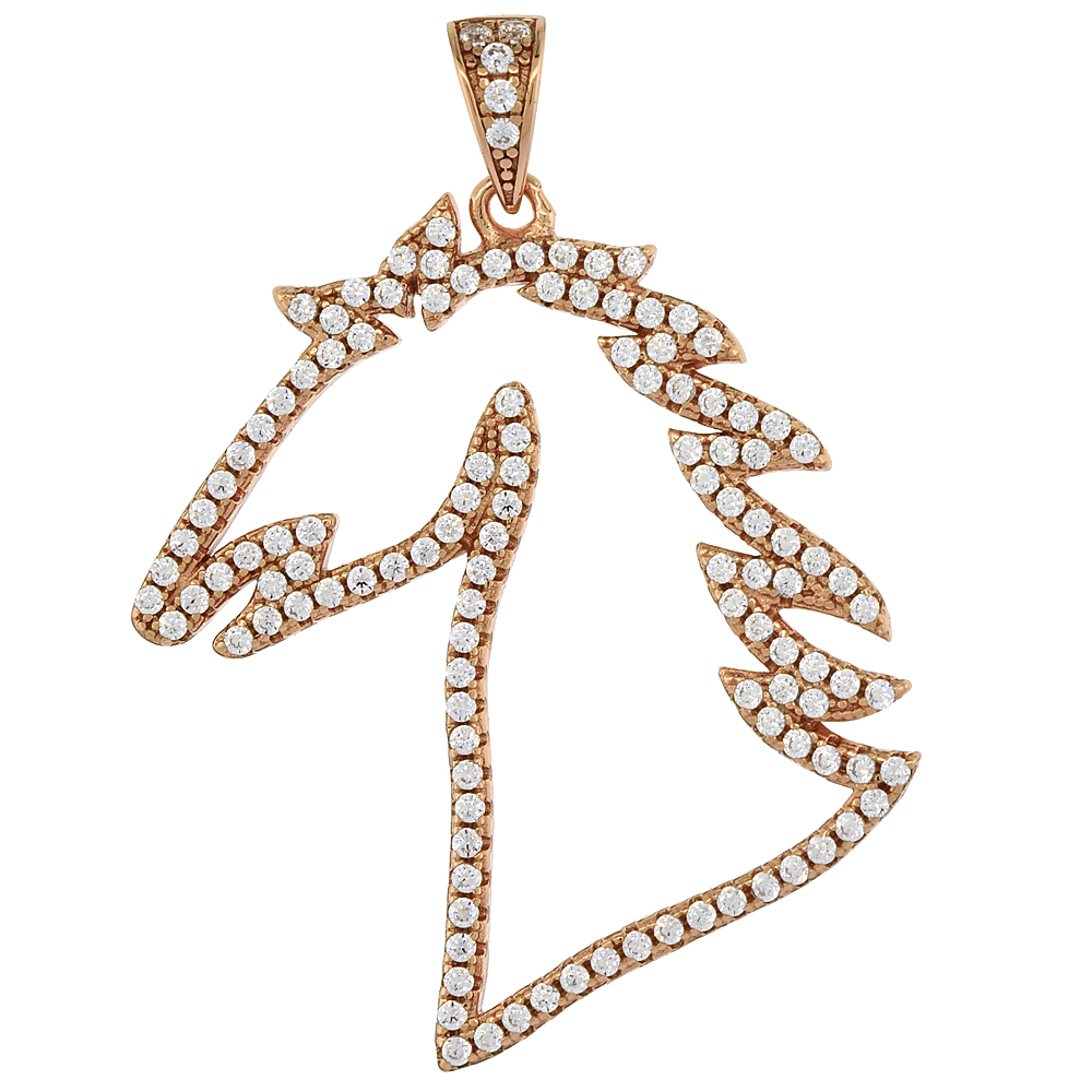 Sterling Silver CZ Horse Head Necklace for Women Micro Pave Rose Gold Finish 1 1/16 inch tall