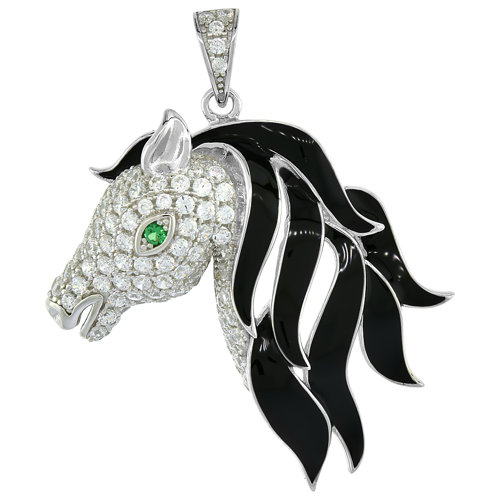 Sterling Silver Cubic Zirconia Horsehead Pendant Black Enamel Mane Micro Pave 1 1/16 inch tall