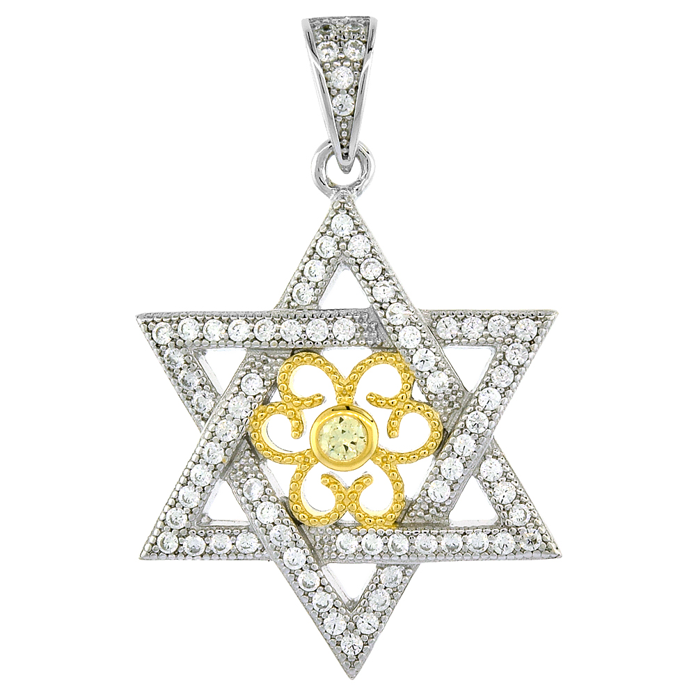 Sterling Silver Cubic Zirconia Star of David Pendant for Women Heart Scrolls Micro Pave 3/4 inch tall