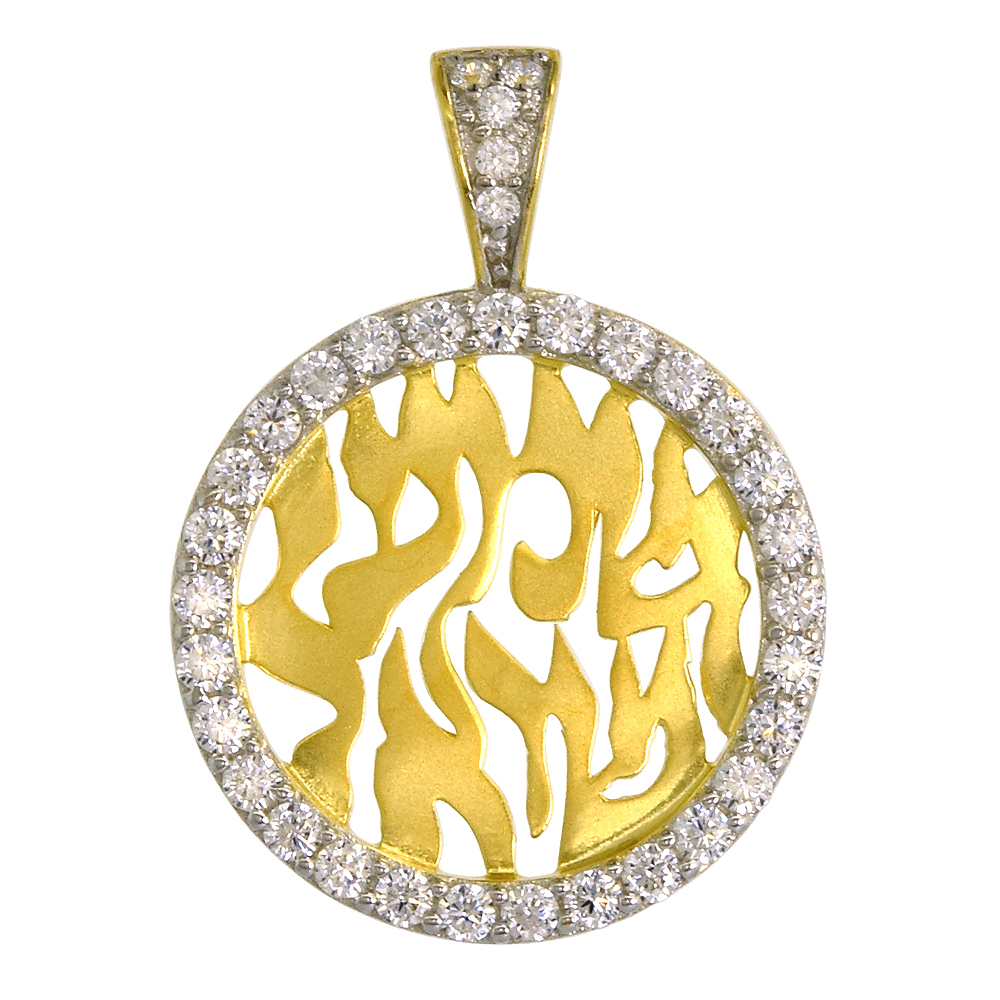 Sterling Silver Cubic Zirconia Shema Israel Pendant Gold Plated Micro Pave 5/8 inch wide