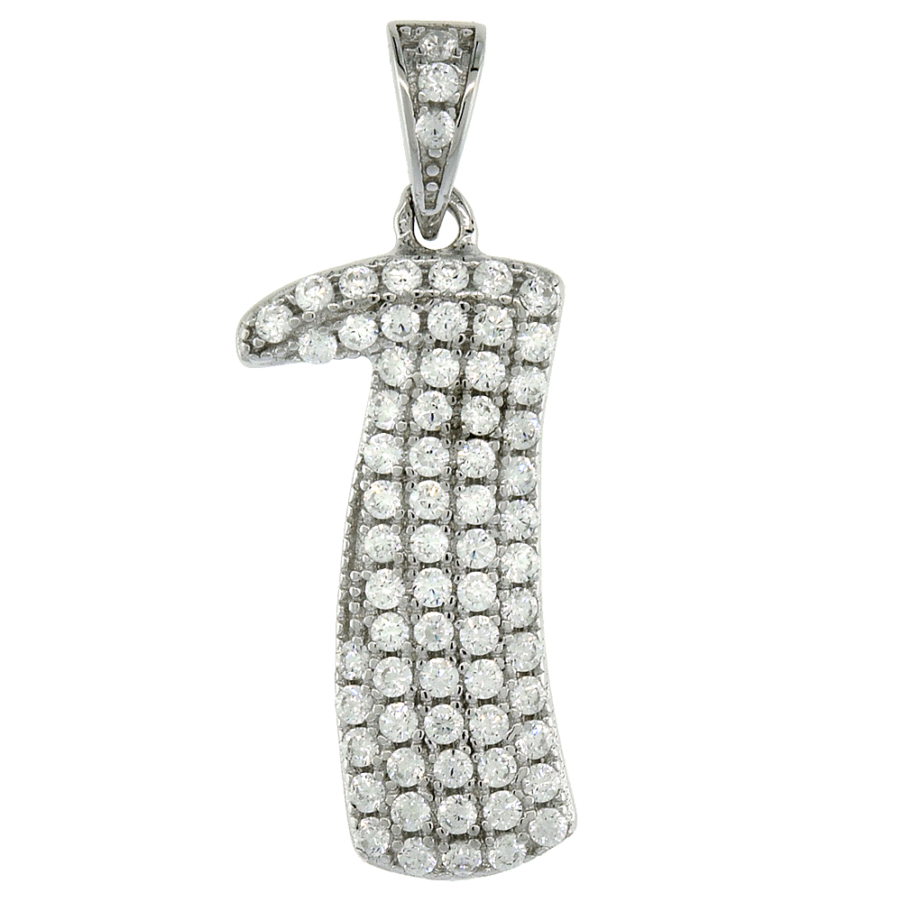 Sterling Silver Cubic Zirconia Number 1 Pendant Micro Pave 3/4 inch tall