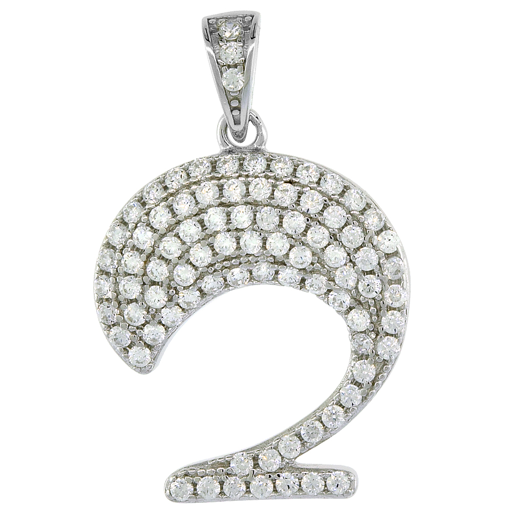 Sterling Silver Cubic Zirconia Number 2 Necklace for Women Micro Pave 5/8 inch tall