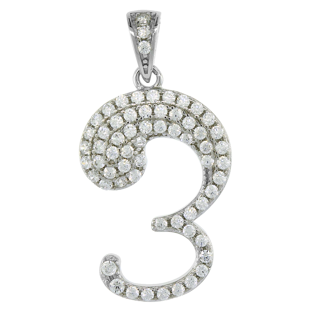 Sterling Silver Cubic Zirconia Number 3 Pendant Micro Pave 3/4 inch tall