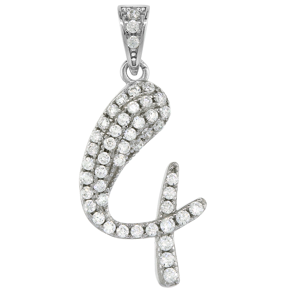 Sterling Silver Cubic Zirconia Number 4 Necklace for Women Micro Pave 3/4 inch tall