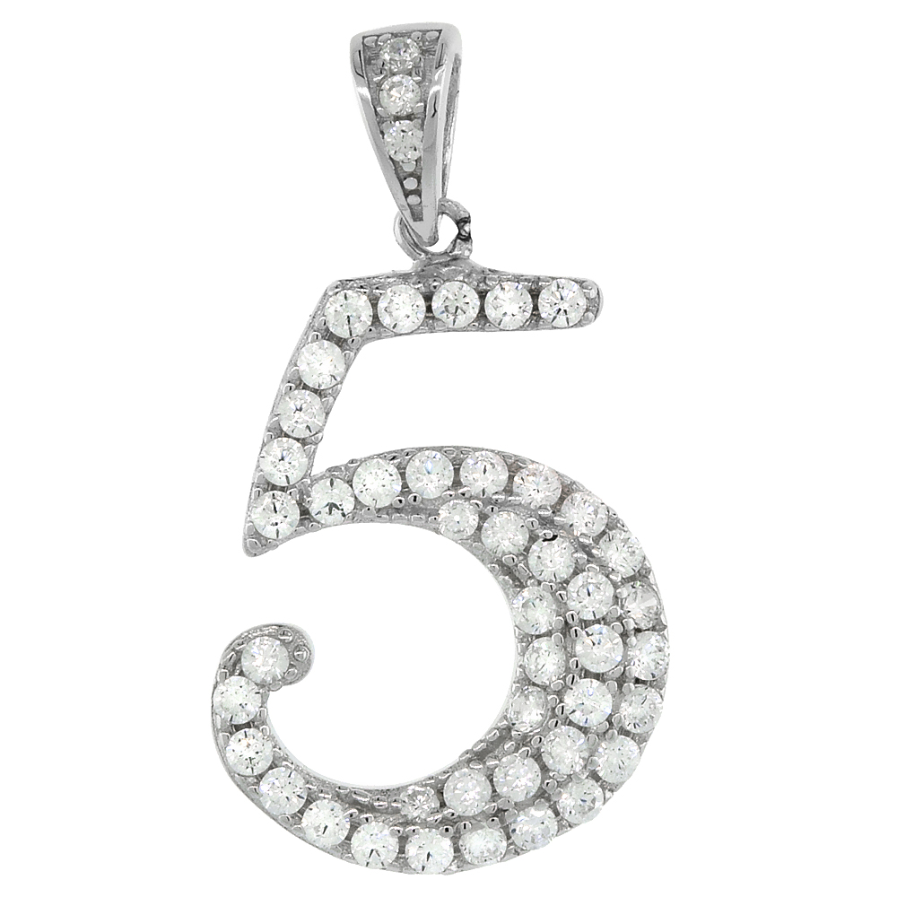 Sterling Silver Cubic Zirconia Number 5 Pendant Micro Pave 5/8 inch tall