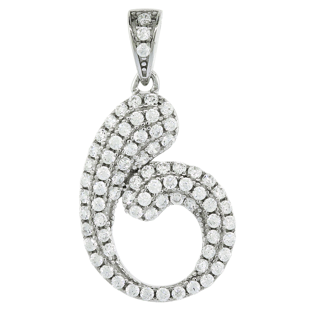 Sterling Silver Cubic Zirconia Number 6 Necklace for Women Micro Pave 5/8 inch tall