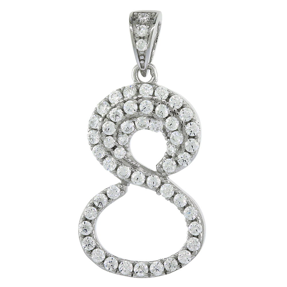 Sterling Silver Cubic Zirconia Number 8 Pendant Micro Pave 3/4 inch tall