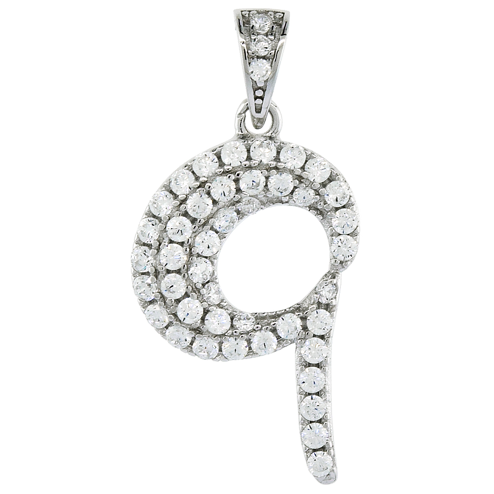 Sterling Silver Cubic Zirconia Number 9 Necklace for Women Micro Pave 3/4 inch tall