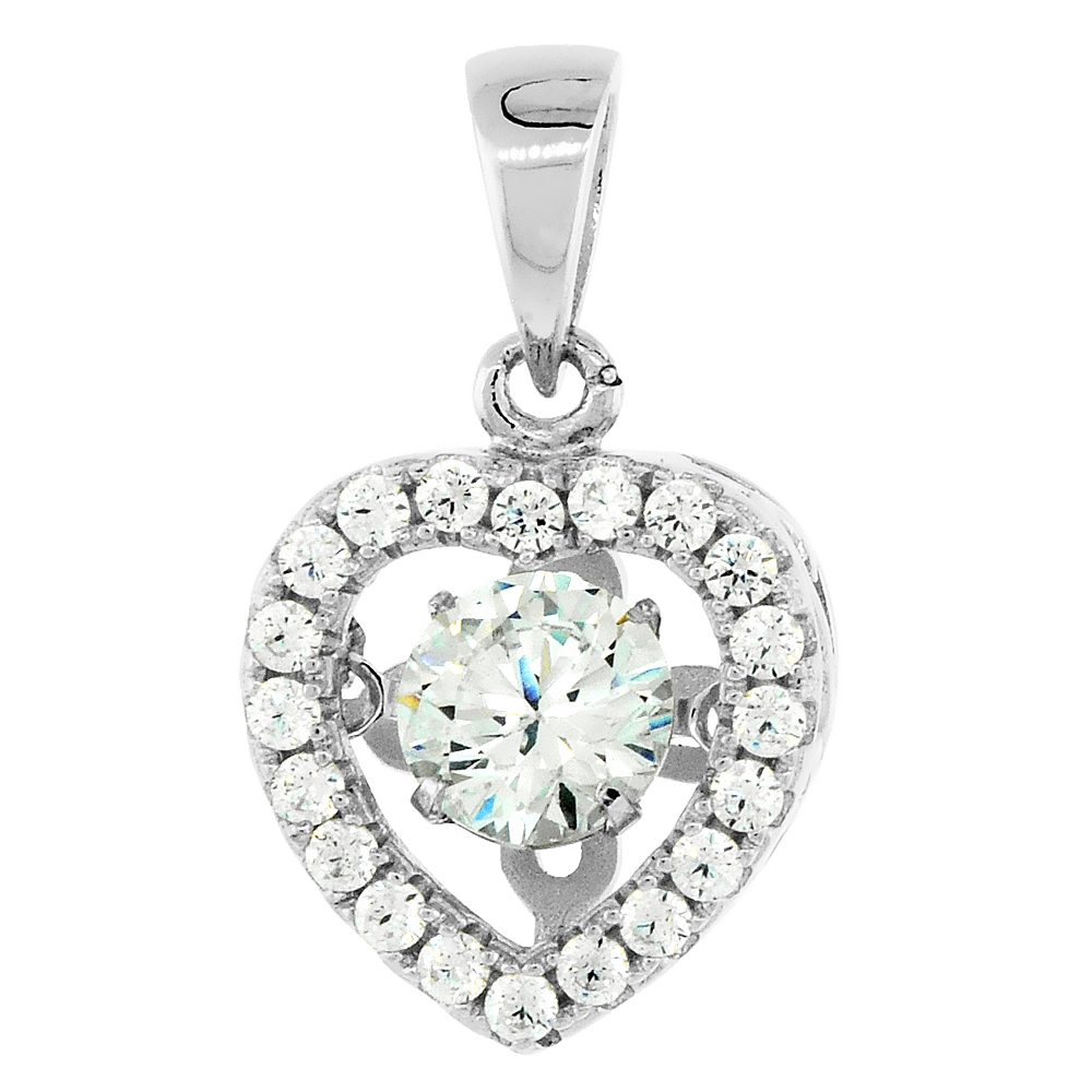 Sterling Silver Dancing CZ Heart Necklace for Women Micro Pave, 7/16 inch long