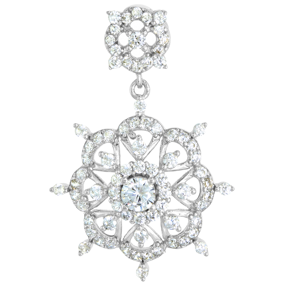 Dainty Sterling Silver CZ Snowflake Pendant for Women Rhodium Plated 7/8 inch (22mm) wide