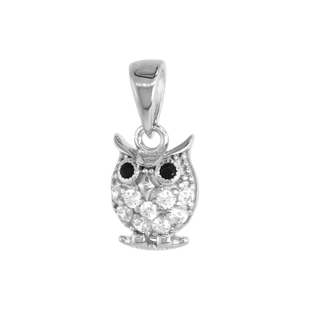 Tiny Sterling Silver Black CZ Owl Necklace for Women Micropave Rhodium Plated 3/8 inch (10mm) tall