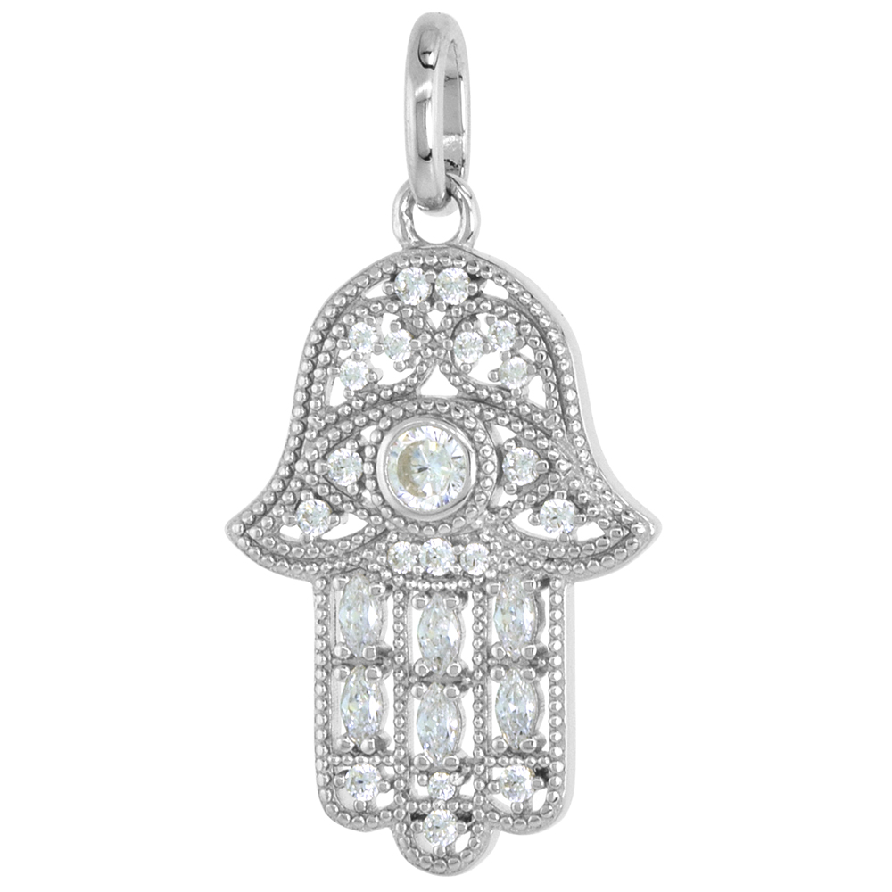 Sterling Silver Cubic Zirconia Hamsa Necklace Micro Pave Rhodium Finish 7/8 inch (23mm) tall