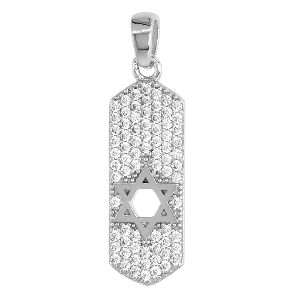 Sterling Silver CZ Star of David Dog Tag Pendant for Women Micro Pave Rhodium Finish 7/8 inch (22mm) tall