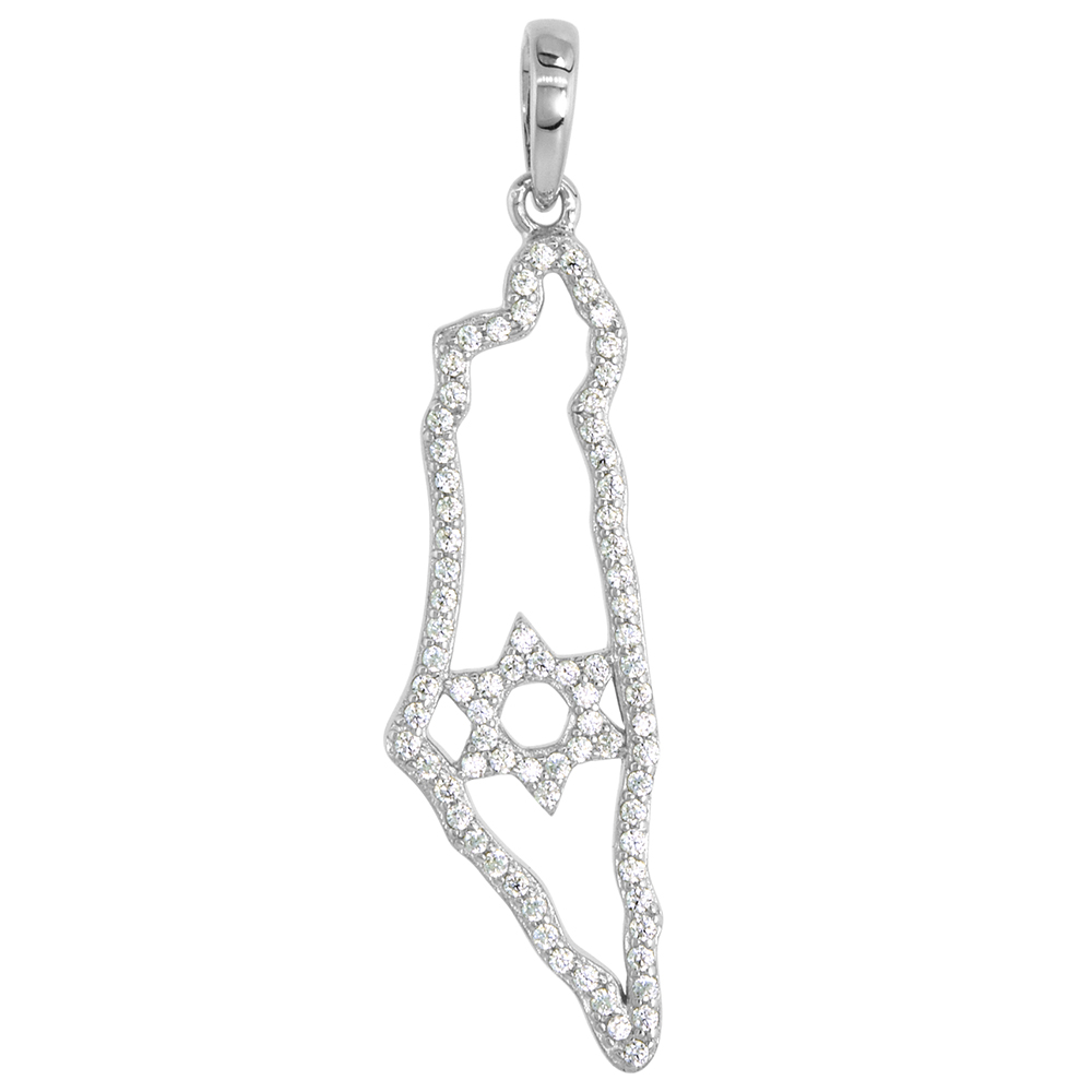Sterling Silver CZ Map of Israel Pendant with Star of David Micro Pave Rhodium finish 1 3/8 inch tall