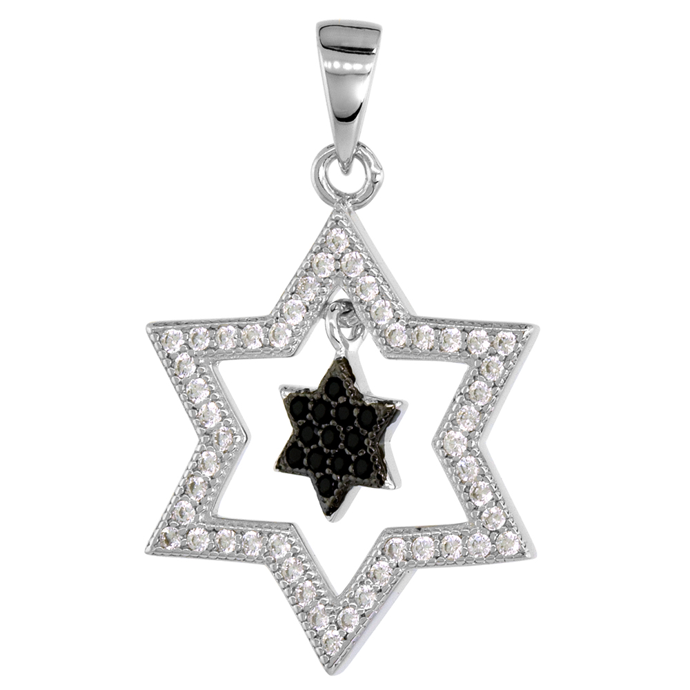Sterling Silver Black & White CZ Star of David Necklace for Women Dangling Star Micro Pave 5/8 wide 16-18 inch DC Snake Chain