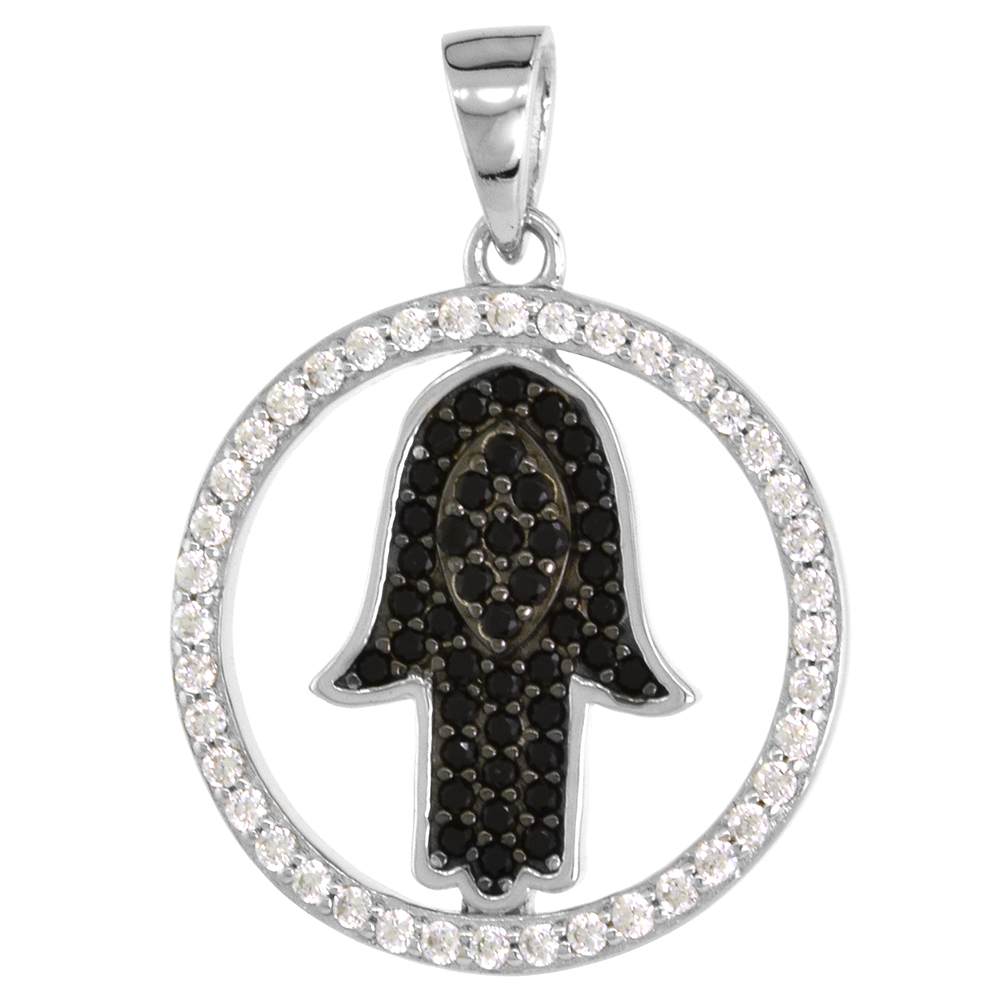 Sterling Silver Micro Pave Black &amp; White CZ Hamsa Necklace for Women 3/4 inch Round 16-18 inch DC Snake Chain