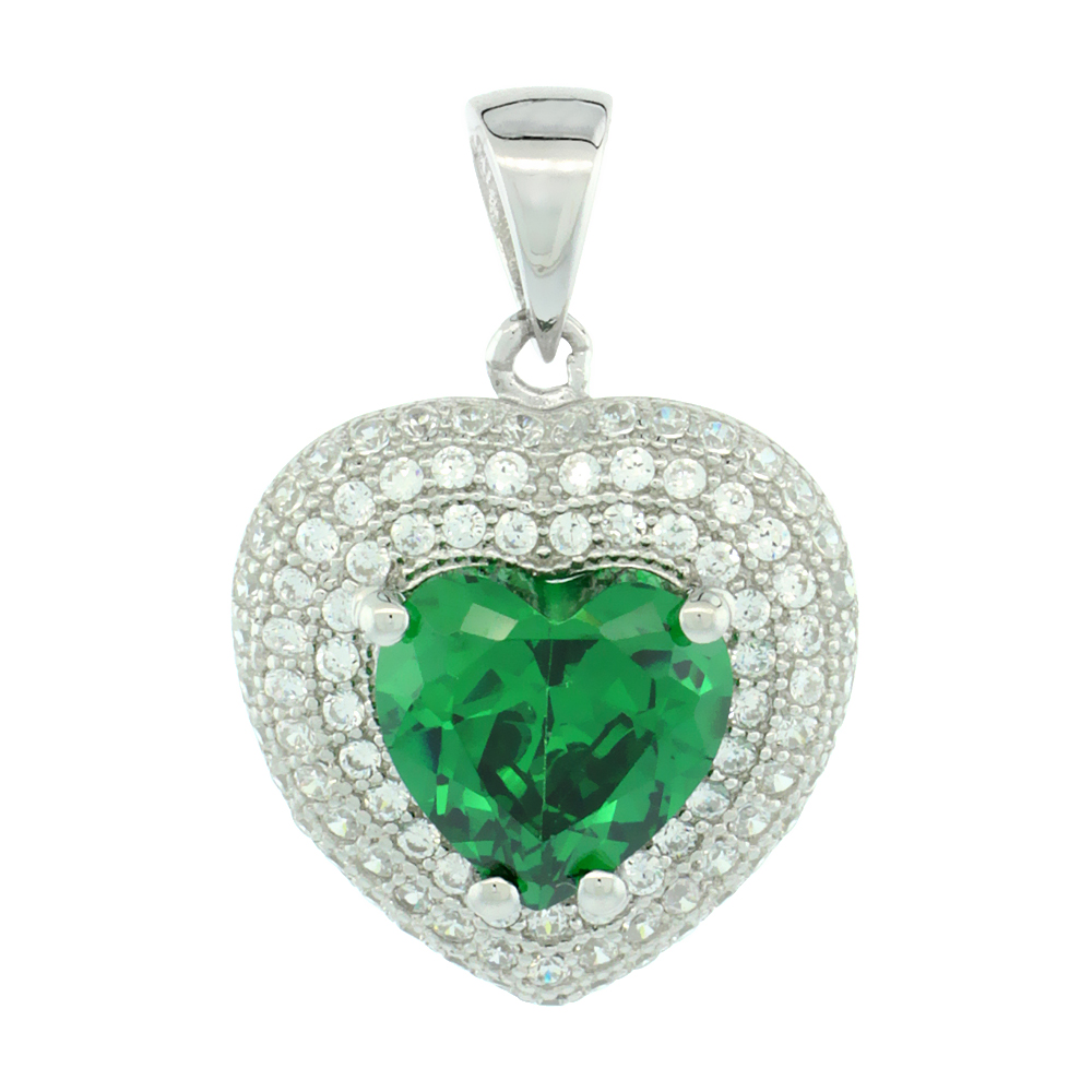 Sterling Silver Micro Pave Cubic Zirconia Three Level Heart Pendant White Cubic Zirconia Centered Green Heart Prong Set Stone