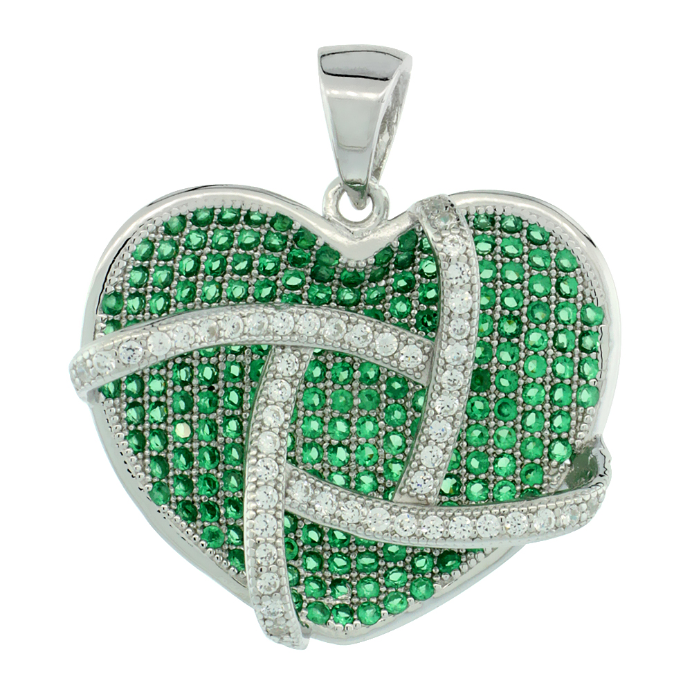 Sterling Silver Micro Pave Cubic Zirconia Caged Heart Pendant Green & White Stones