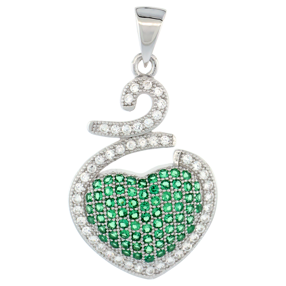 Sterling Silver Micro Pave Cubic Zirconia Nested Heart Pendant Green &amp; White Stones